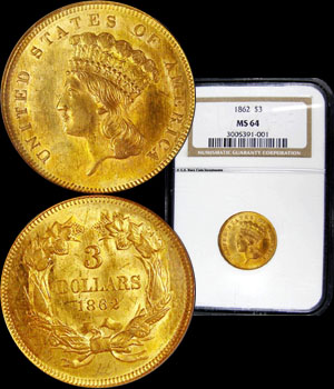 1862 Three Dollar Gold