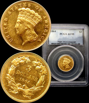 1864 Three Dollar Gold
