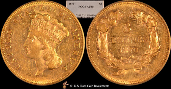 1870 Three Dollar Gold 1870 $3 PCGS AU55 Three Dollar Gold Piece