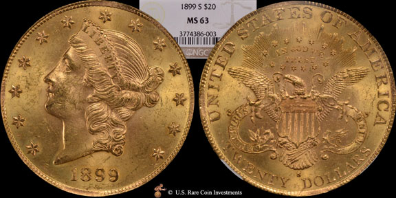 1899-S Double Eagle|1899-S $20 NGC MS63