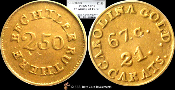 C Bechtler $2.50 67G 21C PCGS AU55 - Territorial Gold