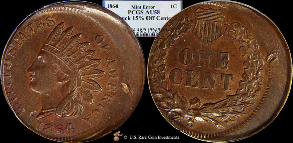1864 1C Bronze No L Indian Cent PCGS AU58