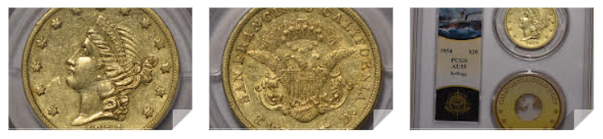 1854 Kellogg $20, PCGS AU-55, ex SS Central America