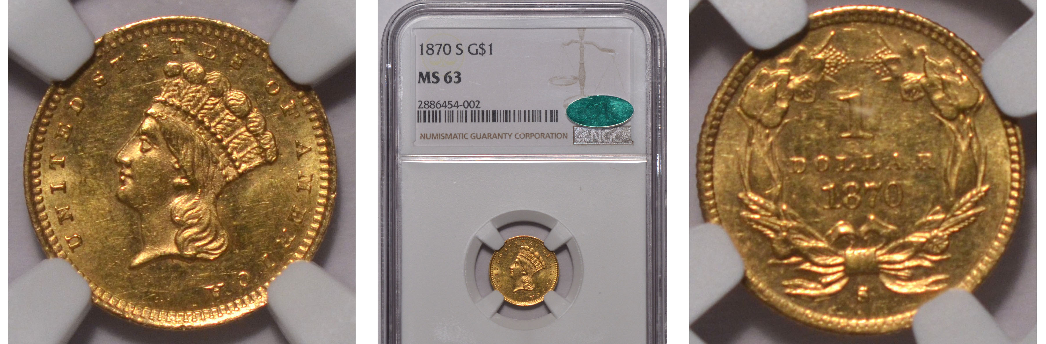 1870-S Gold Dollar NGC MS63 CAC