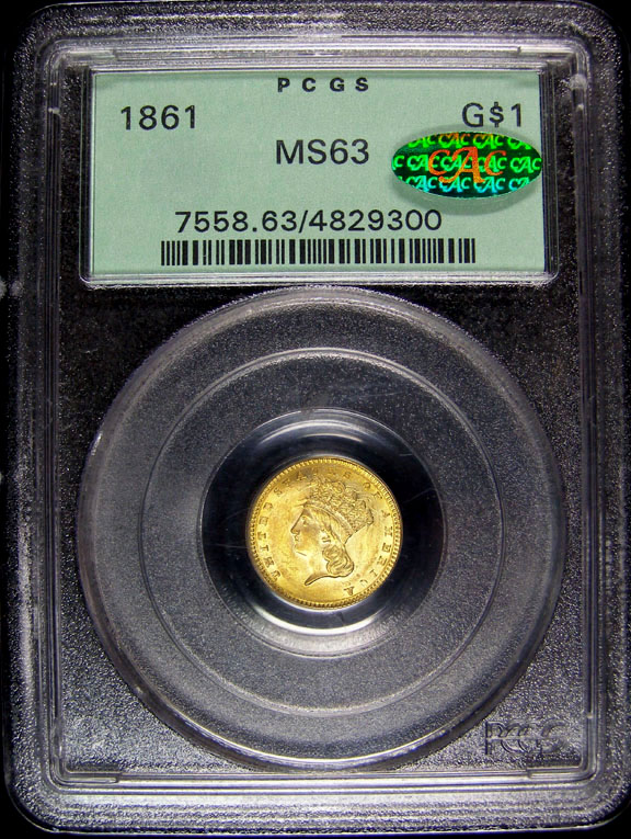 1861 Gold Dollar PCGS MS63 CAC - Indian Head Type 3 Gold Dollars