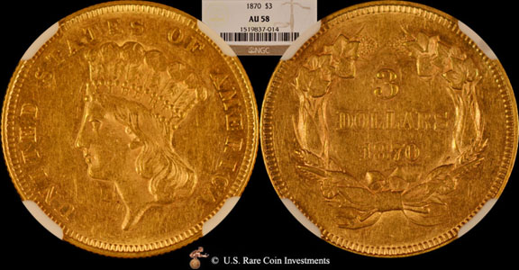 1870 Indian Princess Head Gold $3 Three Dollar Piece - Early Gold