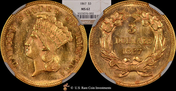 1867 Three Dollar Gold 1867 $3 NGC MS62 Three Dollar Gold