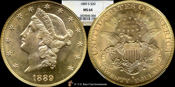 1889-S Double Eagle. 1889-S $20 Gold NGC MS64