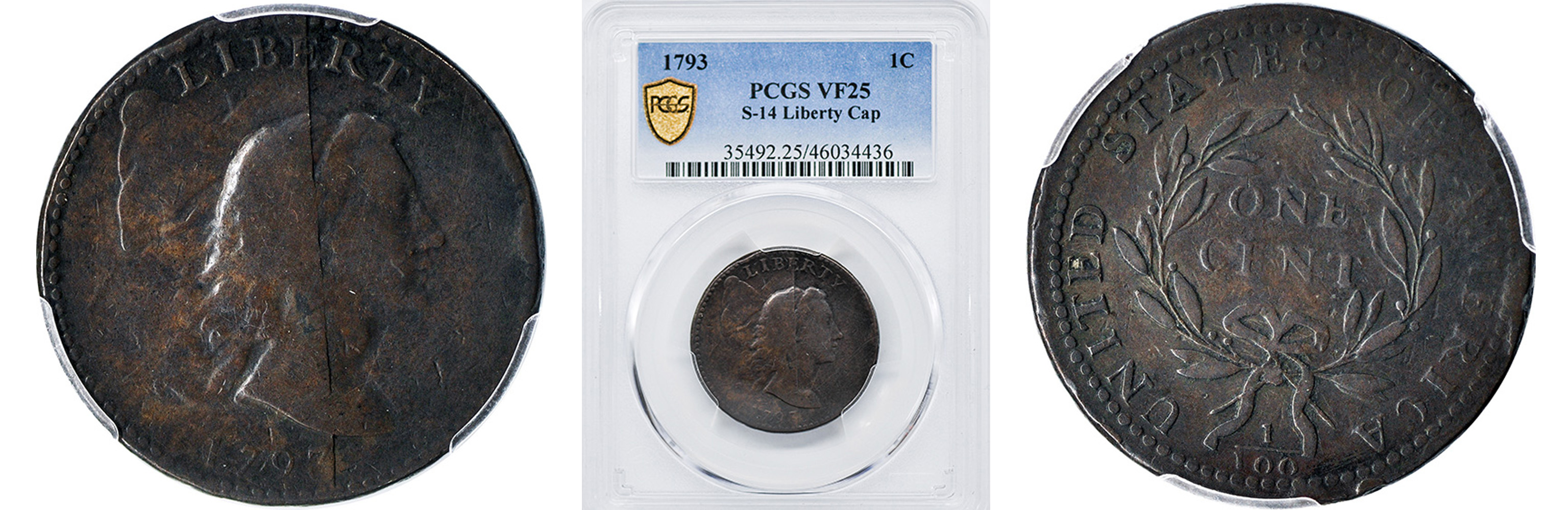 1793 LIBERTY CAP One Cent, BEADED BORDER PCGS VF25BN