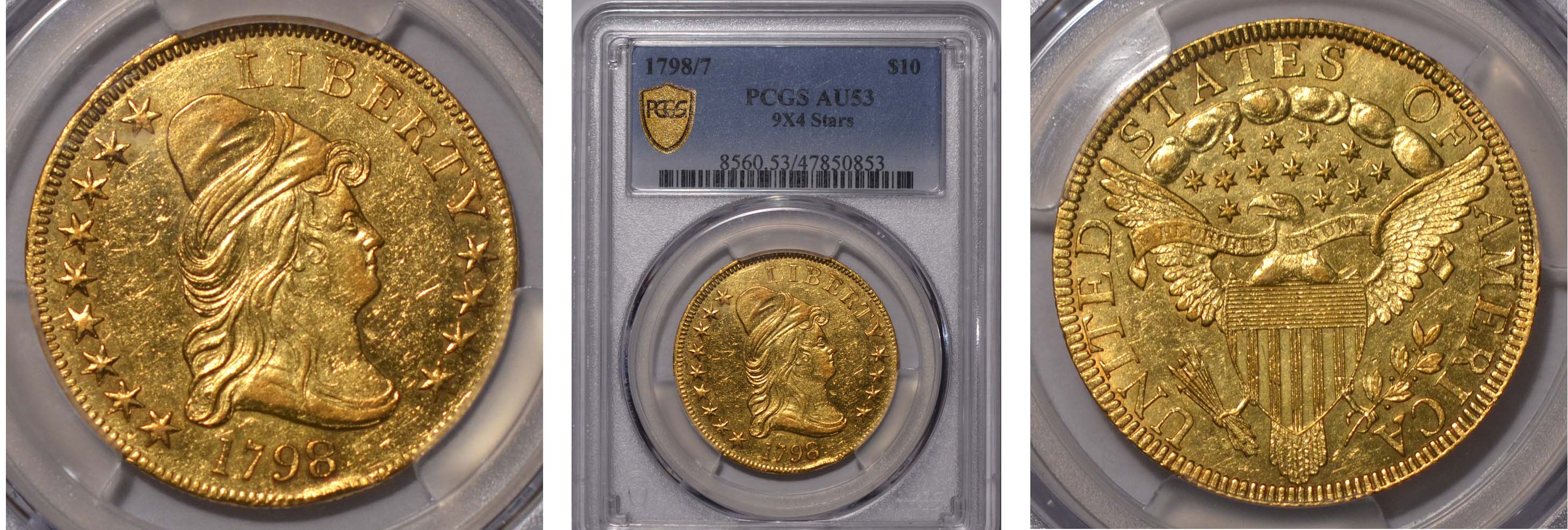 1798/7 Gold Eagle $10 9x4 Stars PCGS AU53