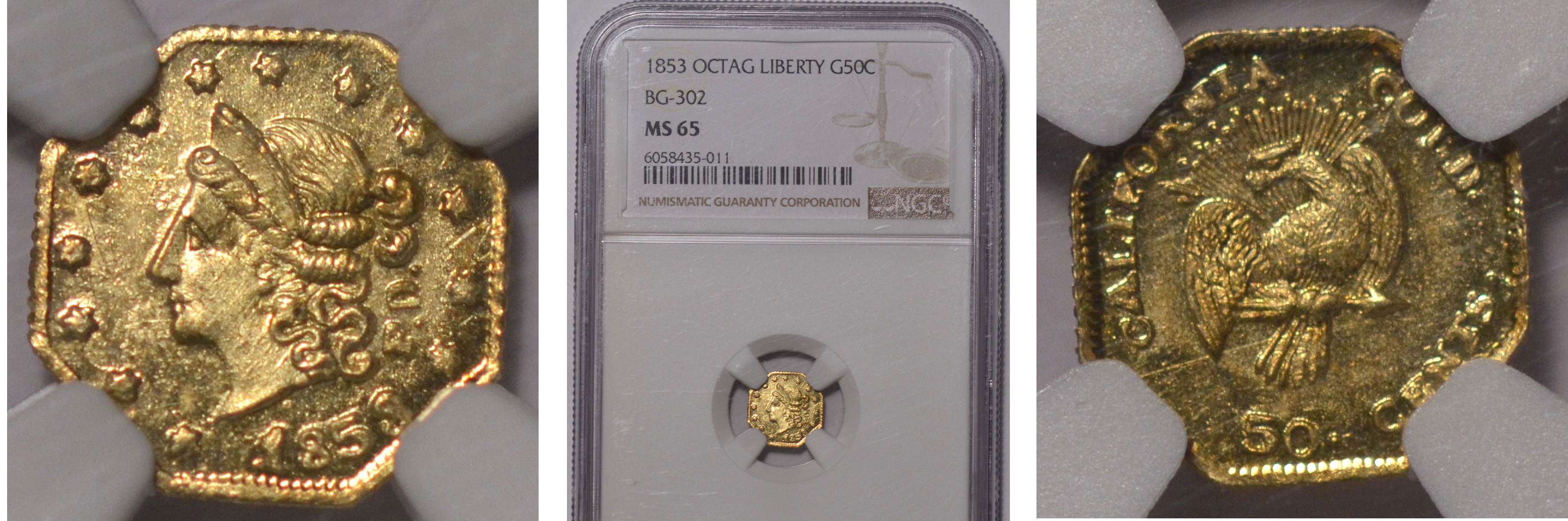 California Fractional Gold - 1853 BG302 Gold 50c NGC MS65