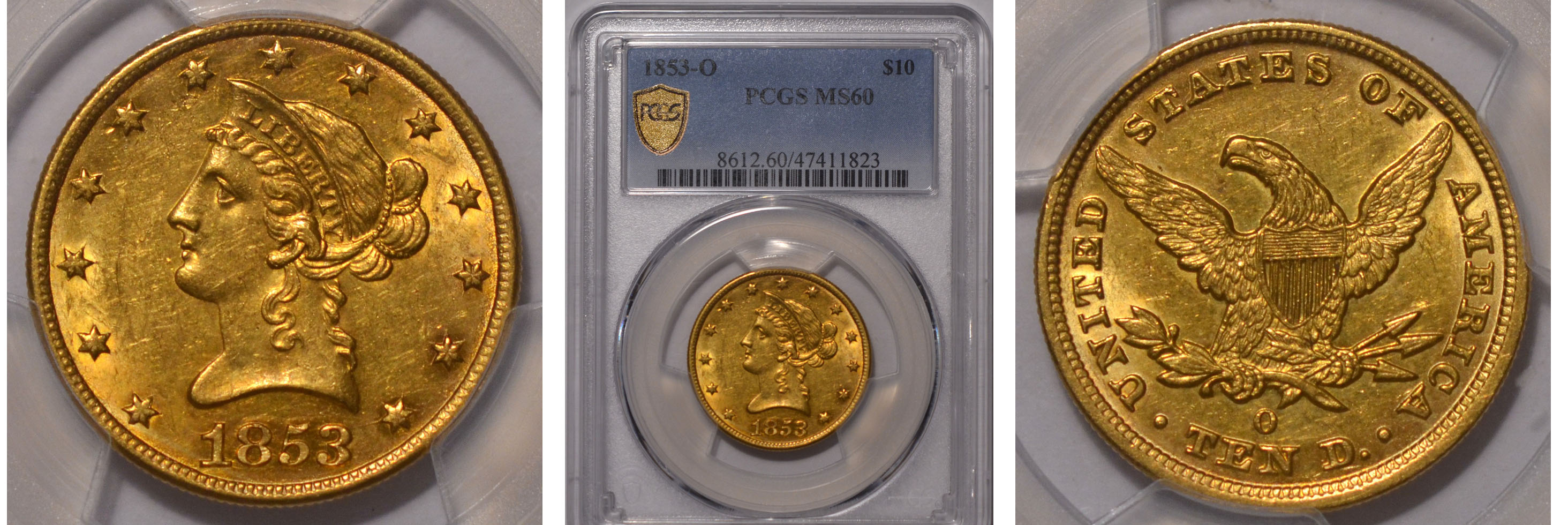 1853-O Gold Eagle $10 PCGS MS60