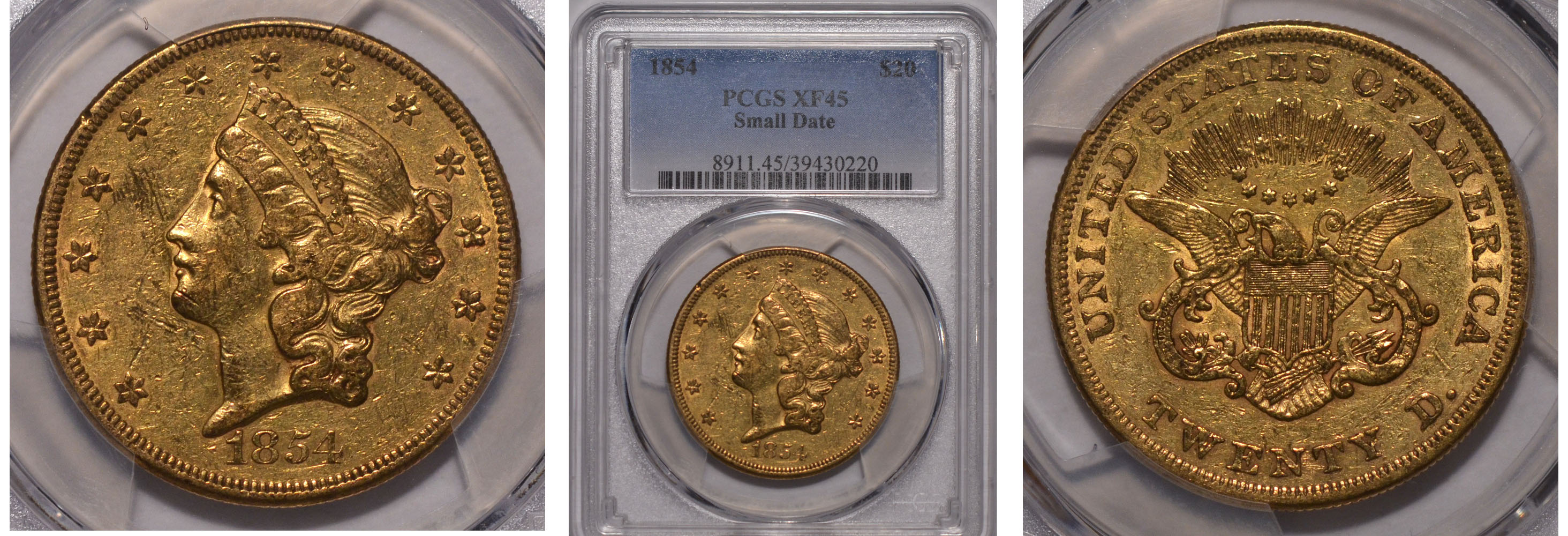 1854 Small Date $20 PCGS XF45