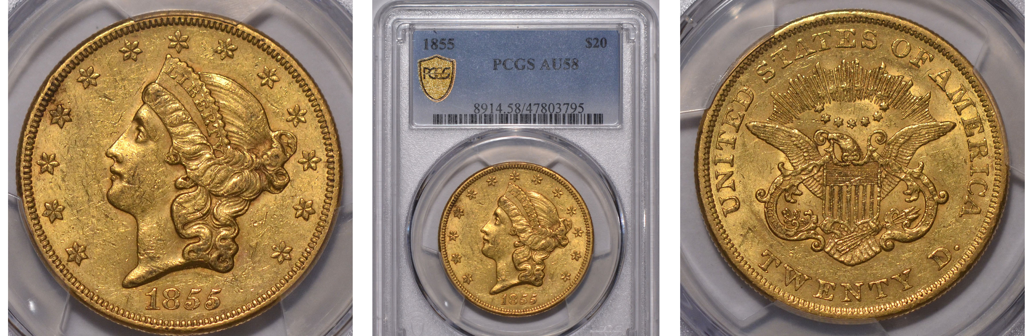 1855 Gold $20 Double Eagle PCGS AU58