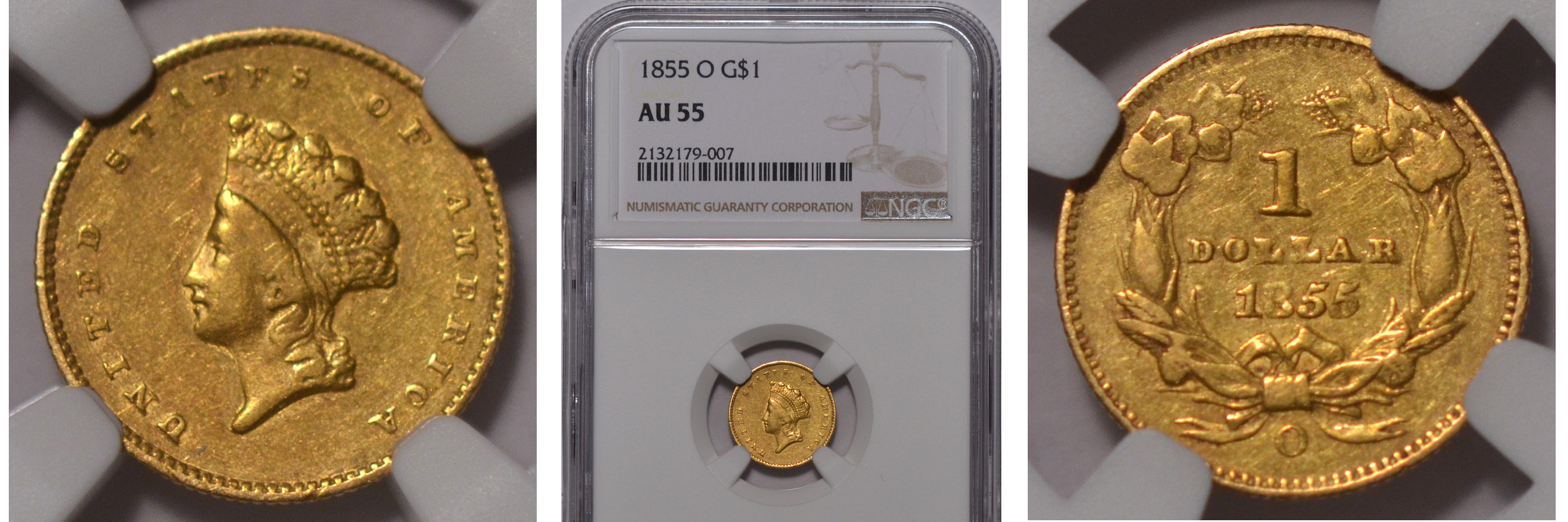 1855-O Gold $1 NGC AU55