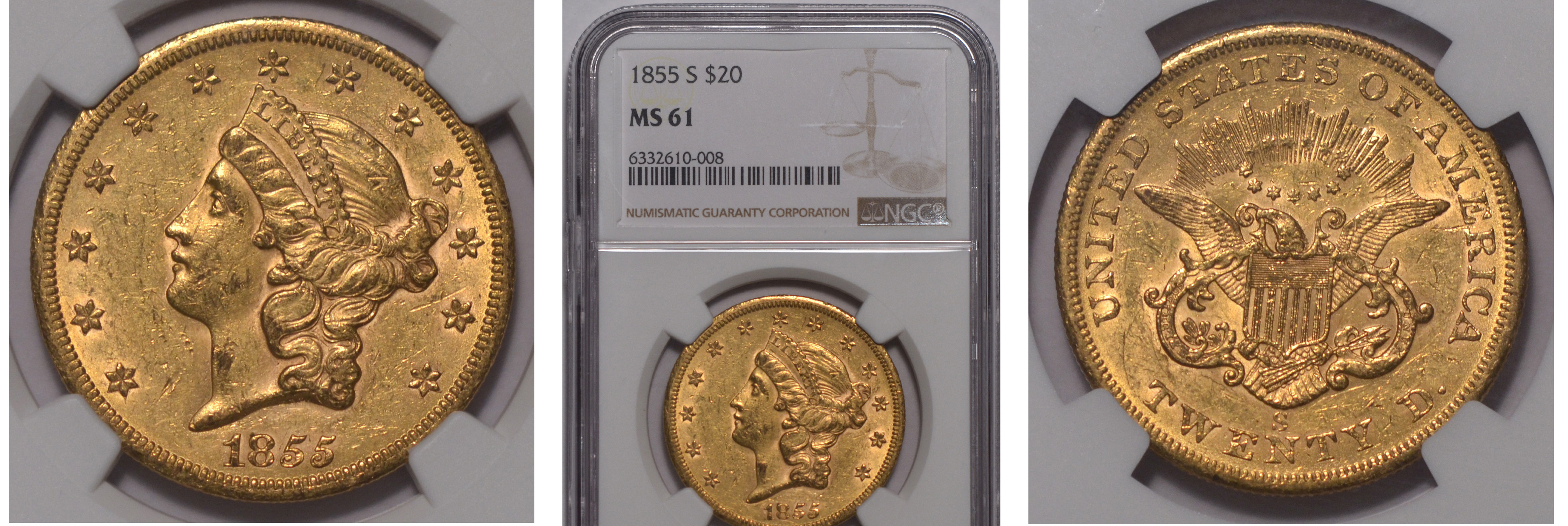 1855-S Gold $20 Double Eagle NGC MS61