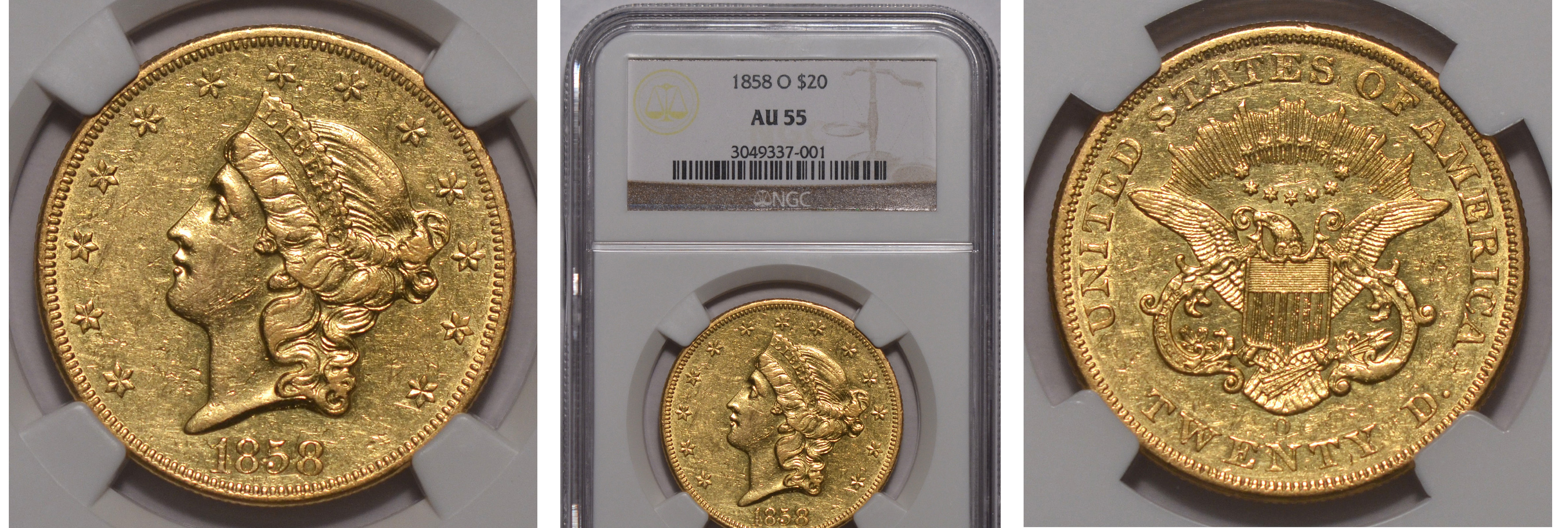 1858-O Gold $20 Double Eagle NGC AU55