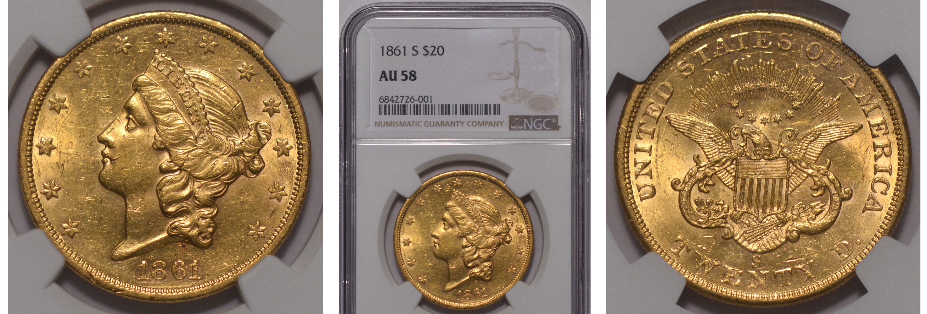 1861-S Gold Double Eagle $20 NGC AU58