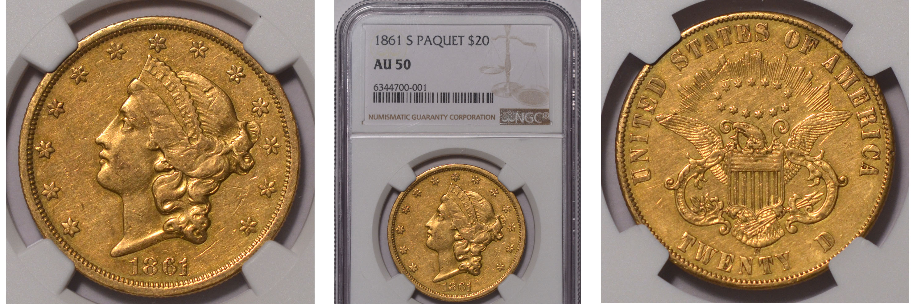 1861-S Paquet Double Eagle $20 NGC AU50