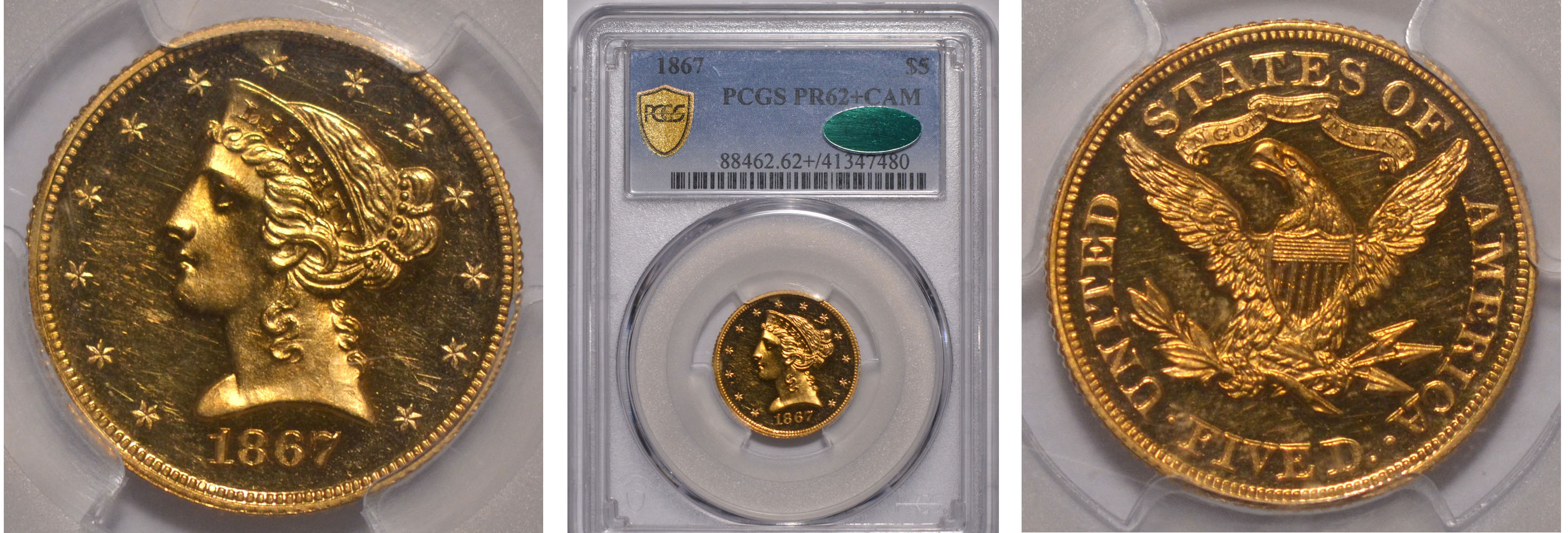 1867 Gold Half Eagle $5 PCGS PF62+ CAM CAC